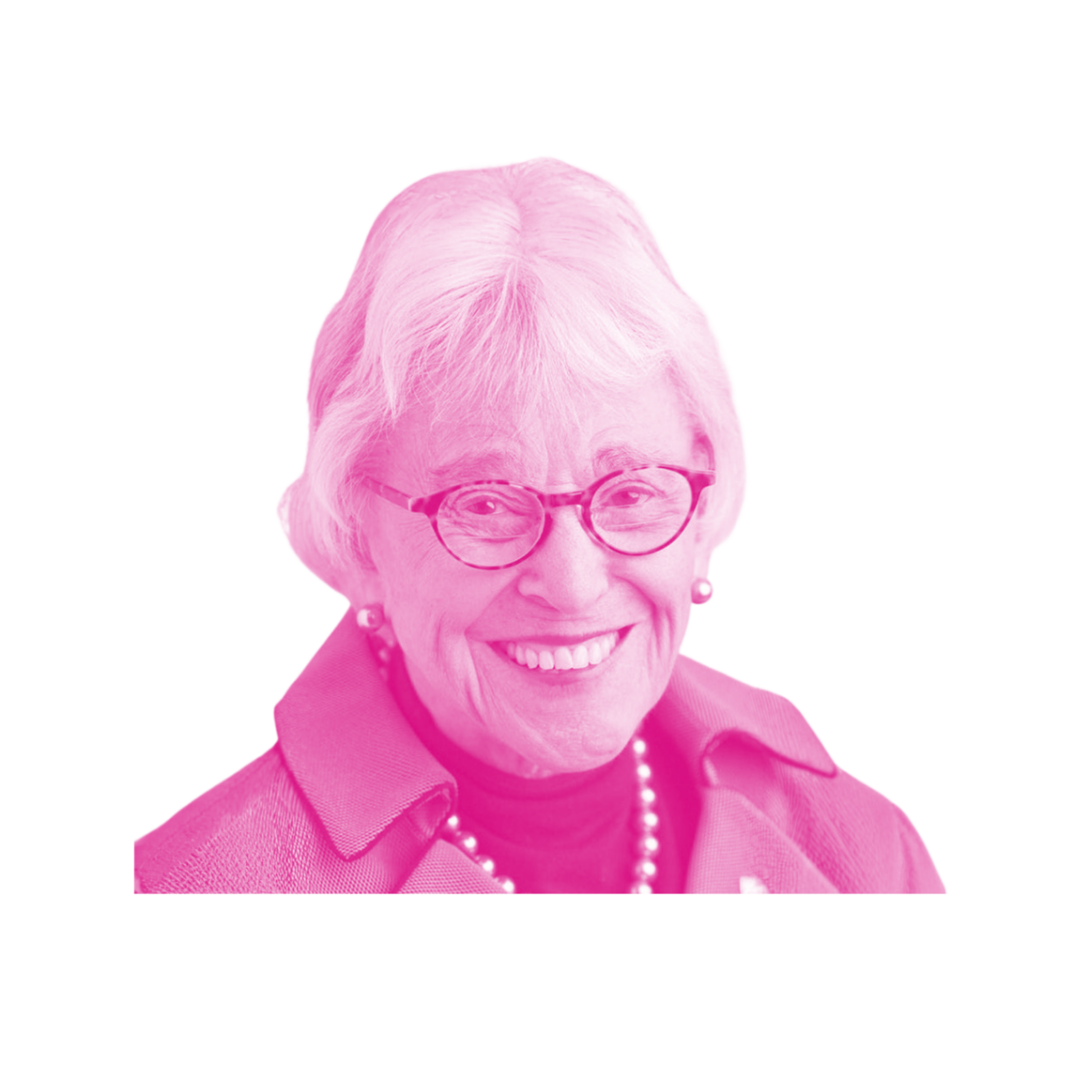 A pink and white duotoned photo of an elderly white woman with short white hair, black glasses, and a pearl necklace